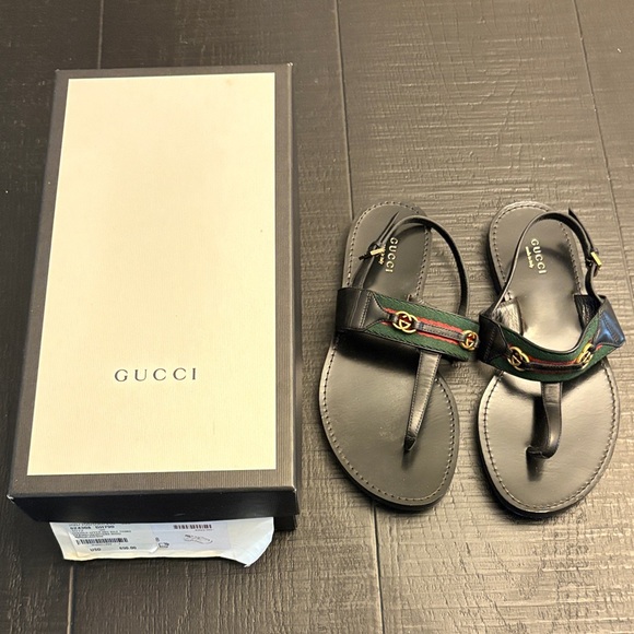 Gucci Black Leather Sandals with Red and Green Stripes - Picture 1 of 5